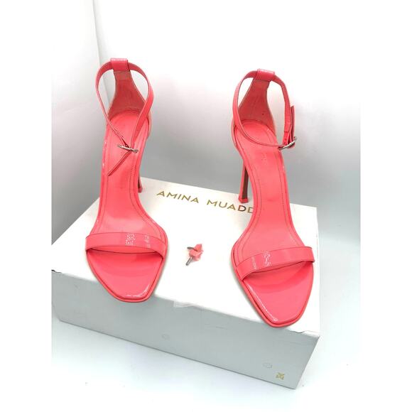 Amina Muaddi Kim Bubblegum Pink Patent Calf Leather Stiletto Strap Heels Size 39 - Picture 3 of 12